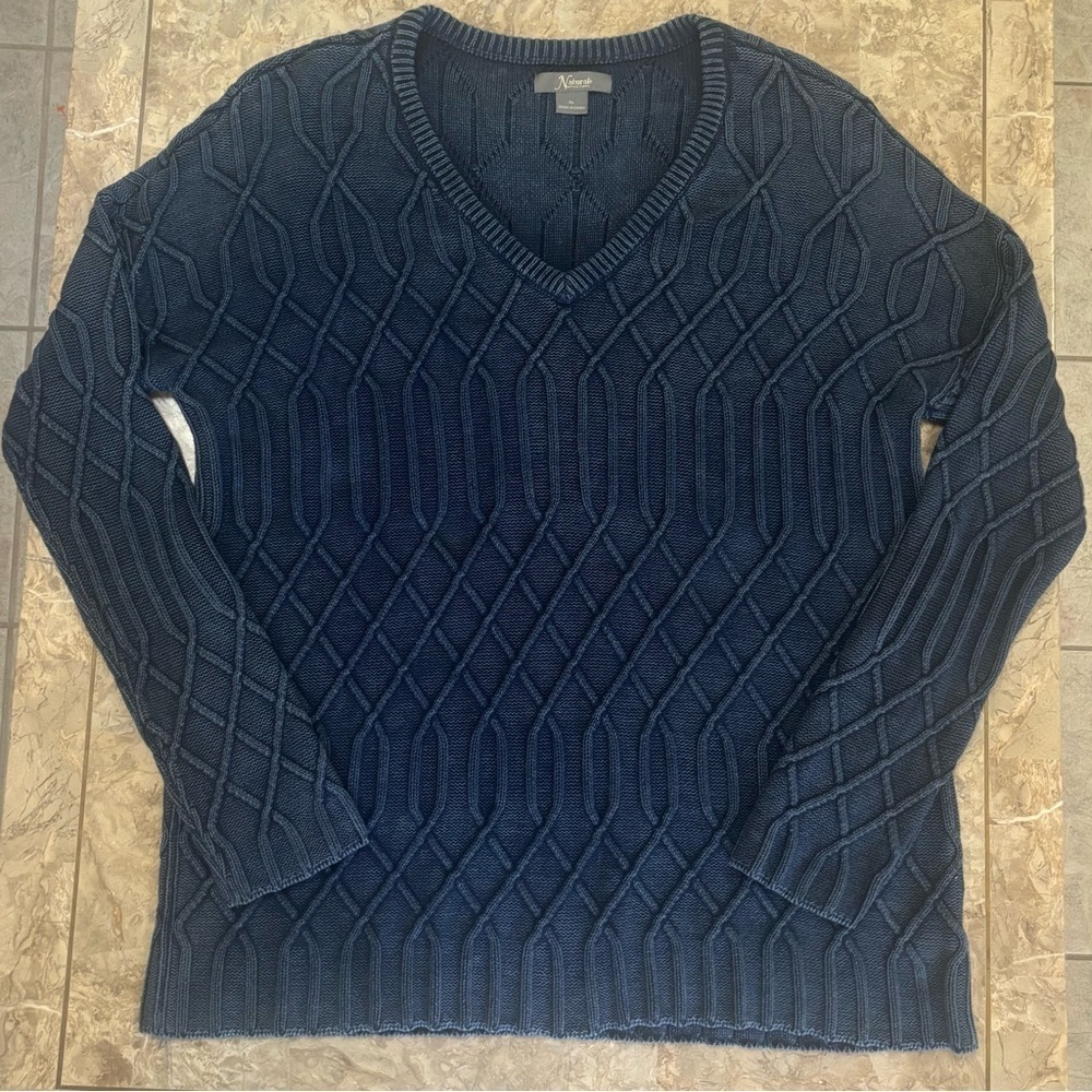 Natural Reflections Navy Blue 100% Cotton Textured Cable Knit V-Neck Sweater XL - Picture 6 of 8